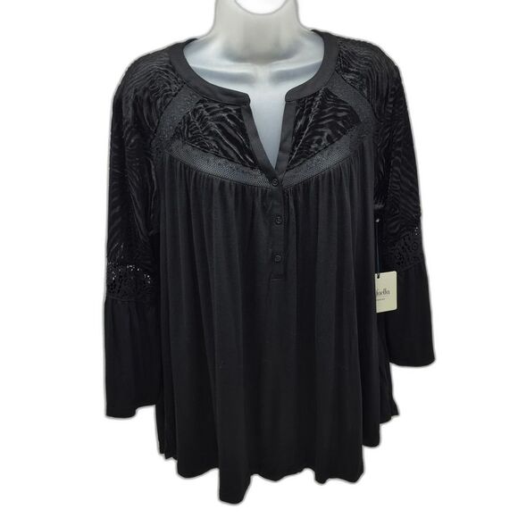 Rafaella Tops - NWT Rafaella Black Long Sleeve Top Lace Detail Henley Blouse Size Large. Elegant